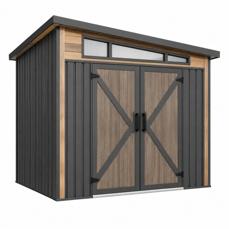 Abri de jardin 200 x 150 x 200 cm en acier noir et effet bois à double porte