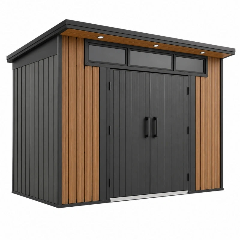 Abri de jardin 200 x 100 x 210 cm en métal noir et décor bois à double porte