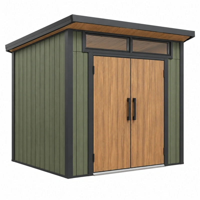 Abri de jardin 200 x 150 x 200 cm en acier vert et effet bois avec double porte