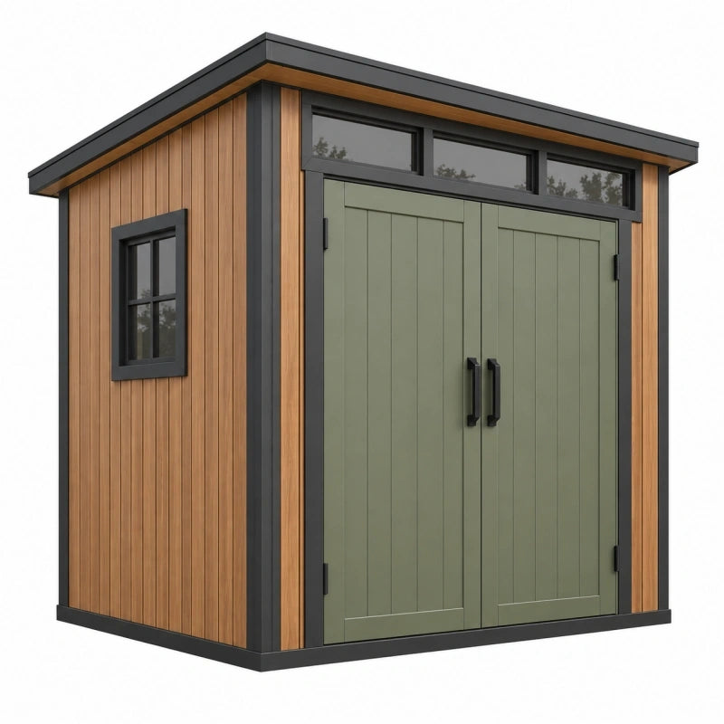 Abri de jardin 200 x 150 x 220 cm en bois brun et métal noir à double porte contemporain