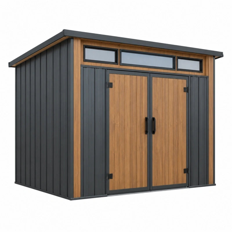 Abri de jardin 180 x 120 x 200 cm en acier anthracite effet bois à double porte pour rangement extérieur