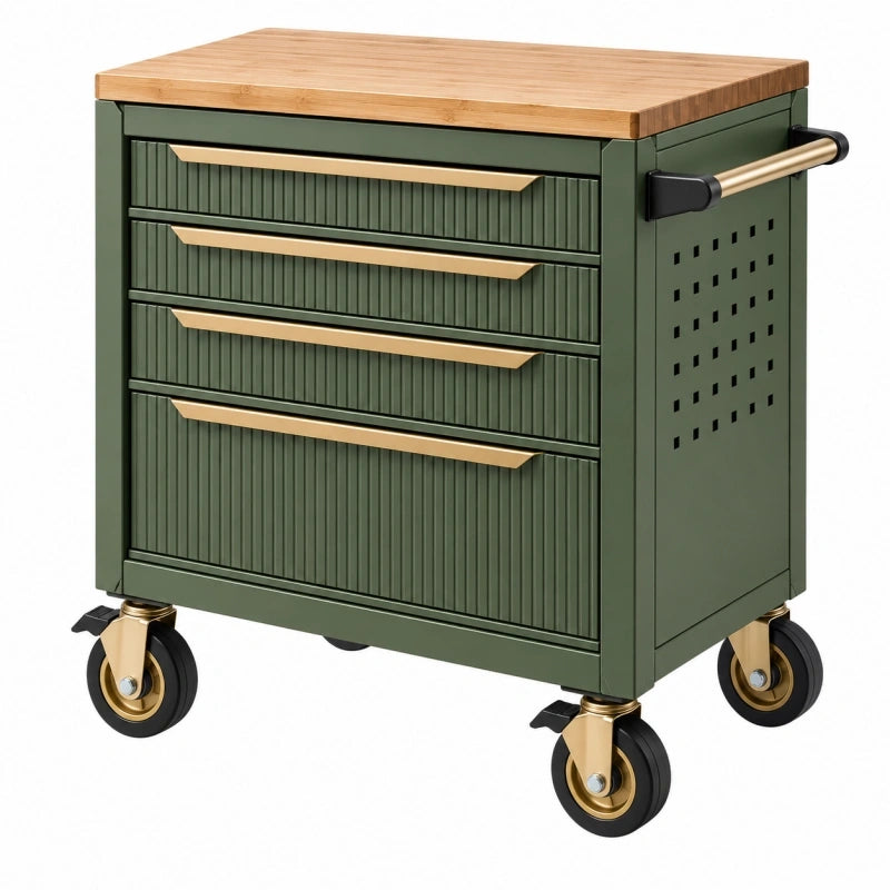 Servante d'atelier 70 x 46 x 86 cm en acier vert avec plateau en bambou mobile à 4 tiroirs