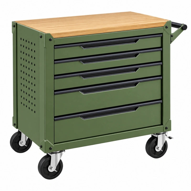 Servante d'atelier 77 x 46 x 97 cm en acier vert avec 5 tiroirs et plateau en bois