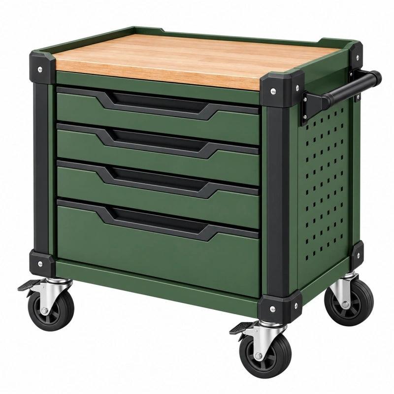 Chariot à outils 76 x 46 x 95 cm en acier vert avec plateau en bois 4 tiroirs mobile