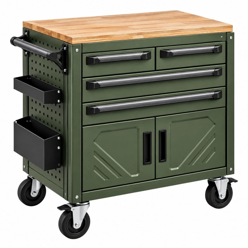 Desserte d'atelier 76 x 46 x 90 cm en acier vert avec plateau en bois et roulettes