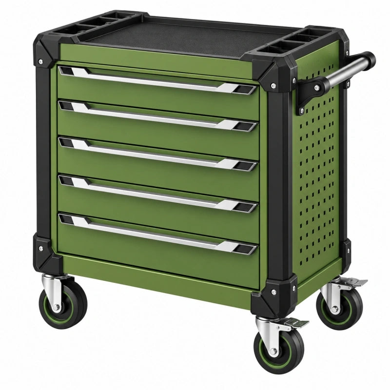 Servante d'atelier 76 x 46 x 96 cm en acier vert et noir à 5 tiroirs mobile