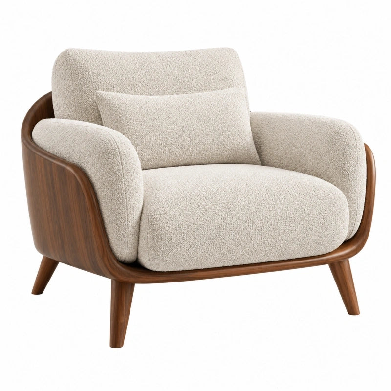 Fauteuil 90 x 86 x 82 cm en tissu bouclette crème et bois marron - style moderne