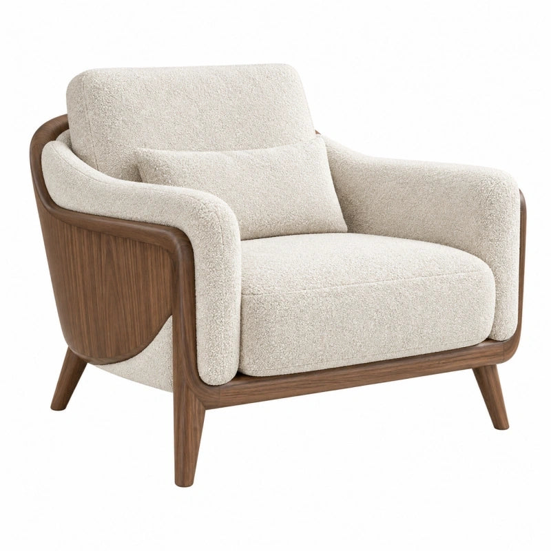 Fauteuil 85 x 83 x 82 cm en tissu bouclette écru et bois foncé - style contemporain