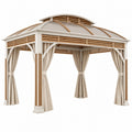 Tonnelle de jardin 300 x 300 x 300 cm aluminium beige et bois avec rideaux toit voûté