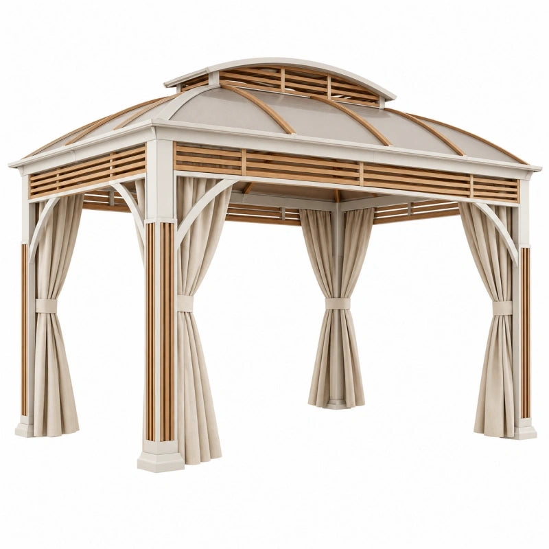 Tonnelle de jardin 300 x 300 x 300 cm aluminium beige et bois avec rideaux toit voûté
