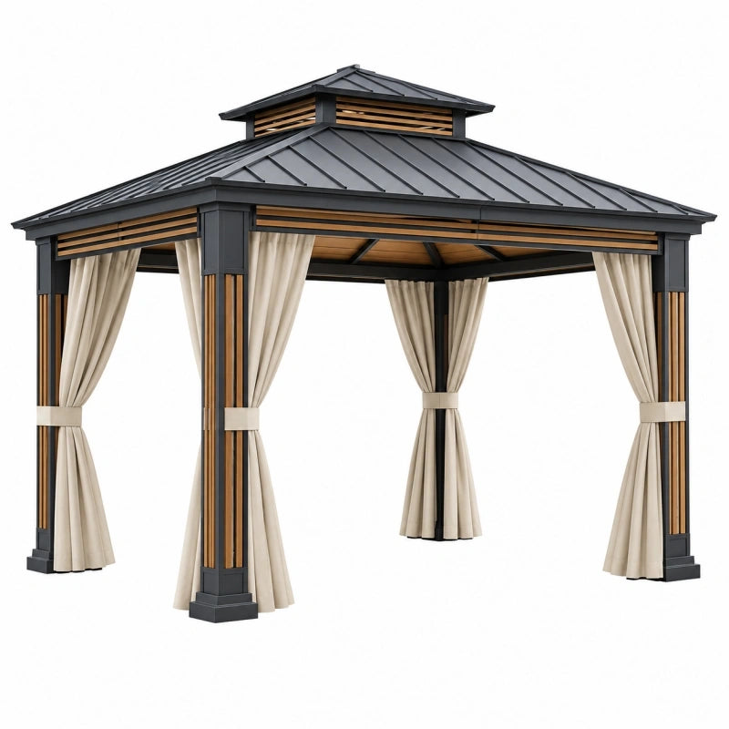 Tonnelle de jardin 300 x 300 x 300 cm en métal noir et marron avec rideaux style pavillon