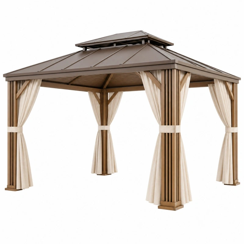 Tonnelle de jardin 300 x 300 x 270 cm en acier marron avec rideaux - abri extérieur à toit double