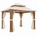 Tonnelle de jardin 300 x 300 x 290 cm en acier beige et marron avec toit double et rideaux