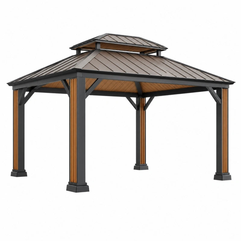 Pavillon de jardin 300 x 300 x 300 cm en acier gris anthracite et aspect bois style contemporain