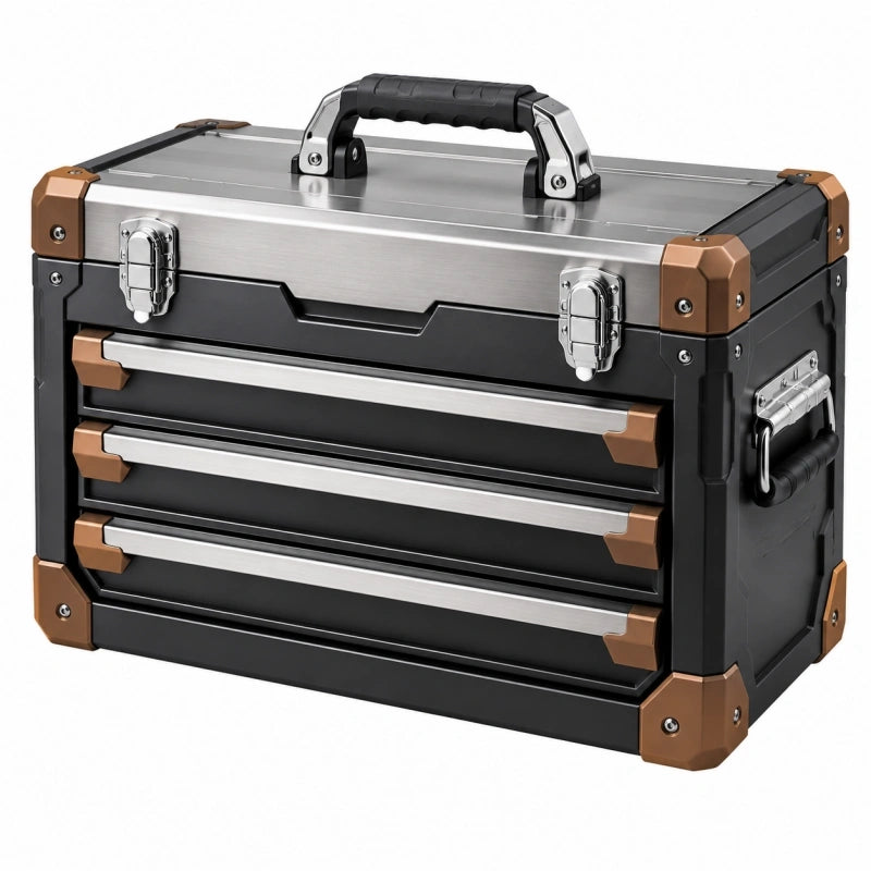 Coffre à outils 60 x 30 x 35 cm en aluminium noir argent cuivre à 3 tiroirs portable