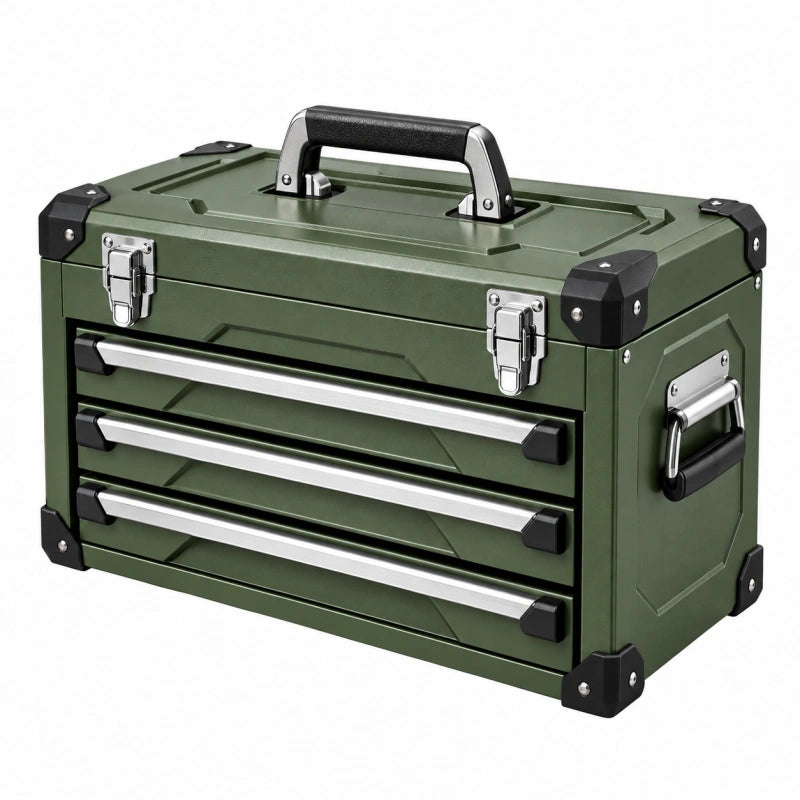 Coffre à outils 50 x 25 x 30 cm en acier vert à 3 tiroirs portable