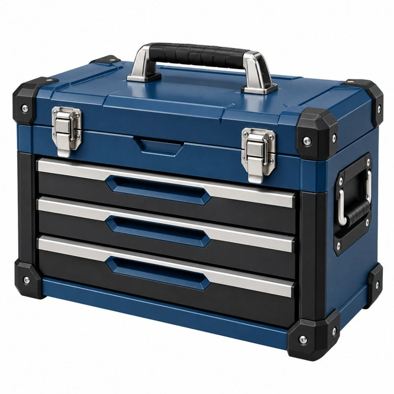 Coffre à outils 50 x 25 x 30 cm en métal bleu à 3 tiroirs portable